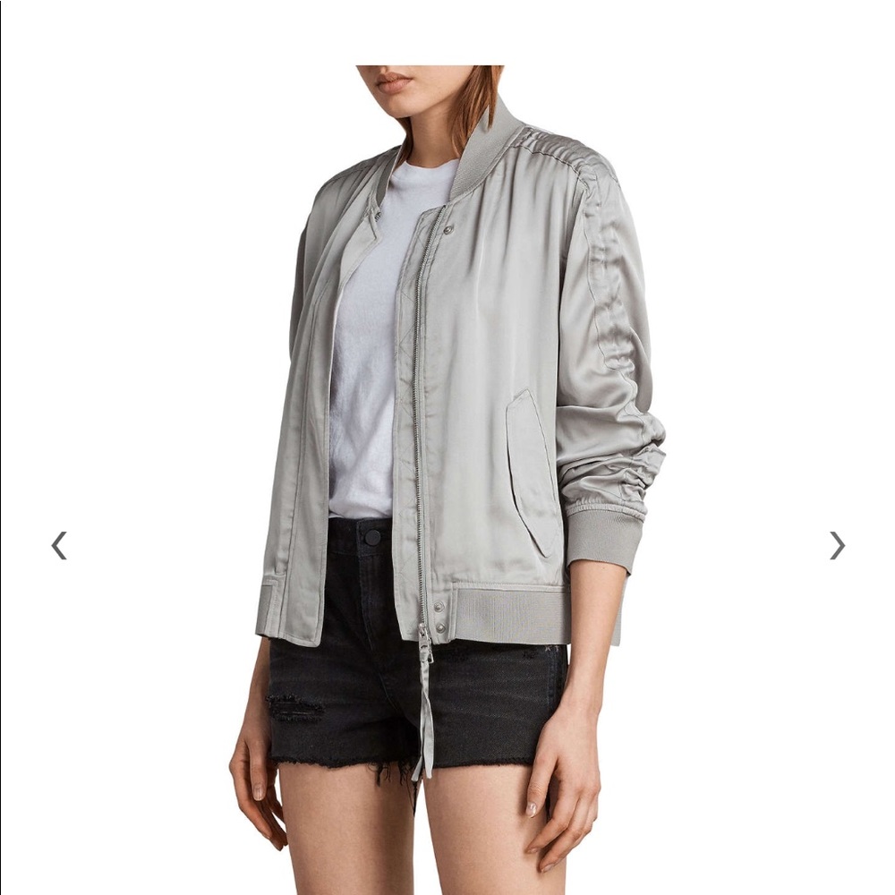 All Saints Ellis ruched-sleeve silver grey bomber